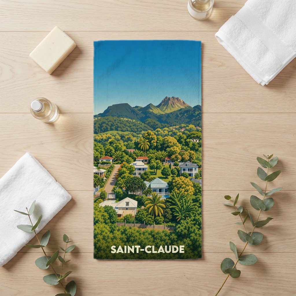 Serviette de bain souvenir de la ville de Saint-Claude avec une illustration stylisée de paysages tropicaux et montagneux.