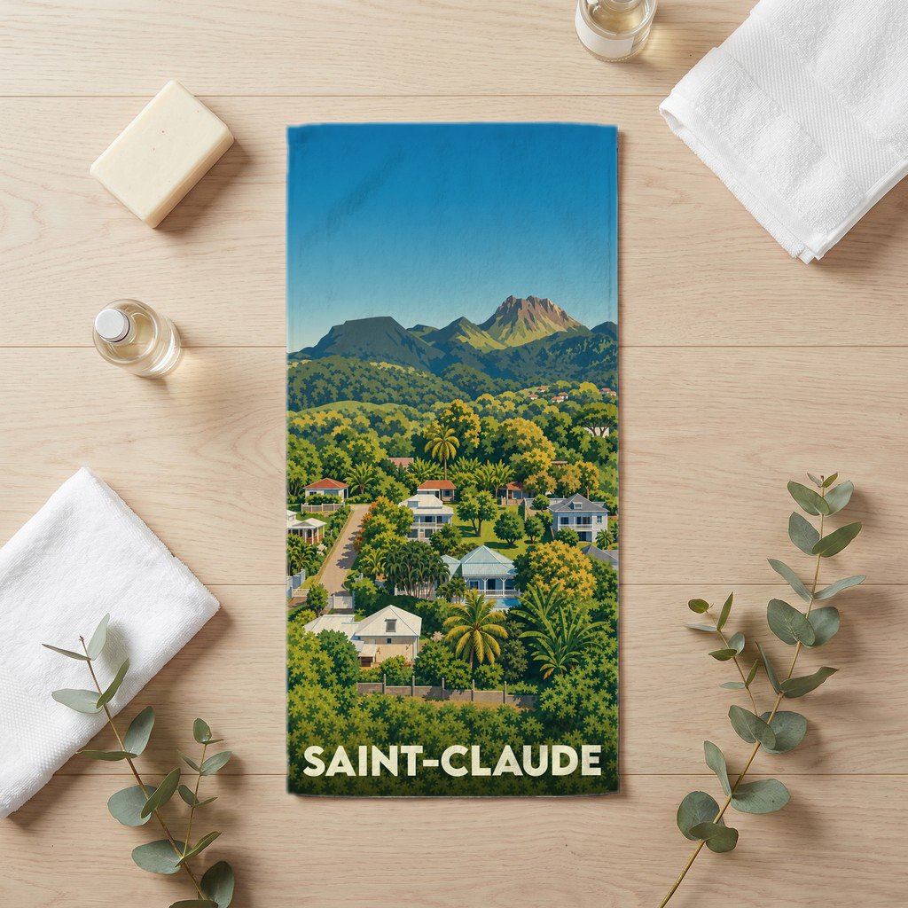Serviette de bain souvenir de la ville de Saint-Claude avec une illustration stylisée de paysages tropicaux et montagneux.
