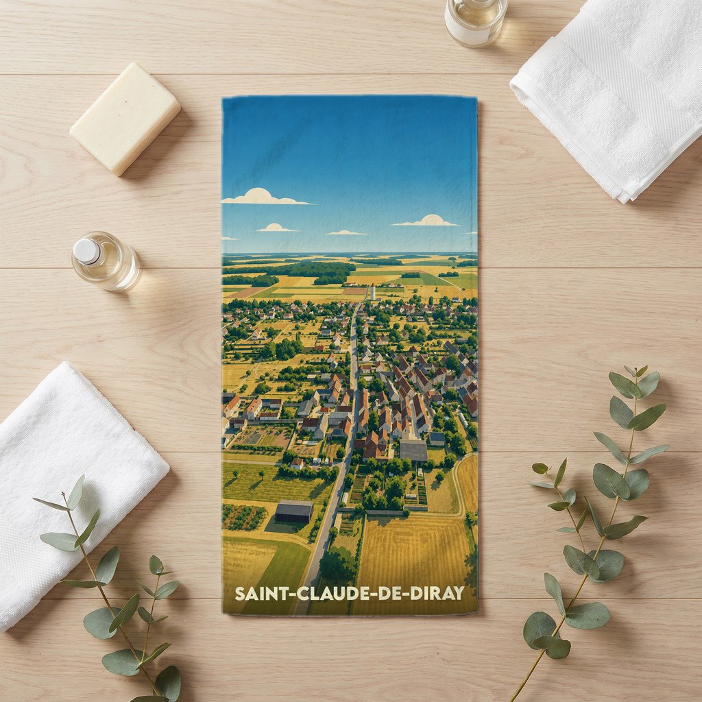Serviette de bain souvenir de la ville de Saint-Claude-de-Diray avec une illustration panoramique stylisée.
