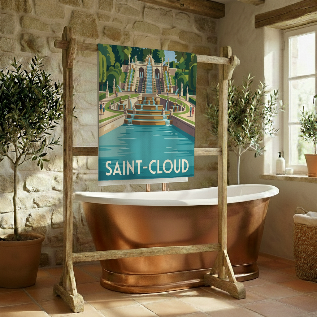 Serviette de bain souvenir de la ville de Saint-Cloud avec une illustration stylisée de son parc et de ses fontaines.