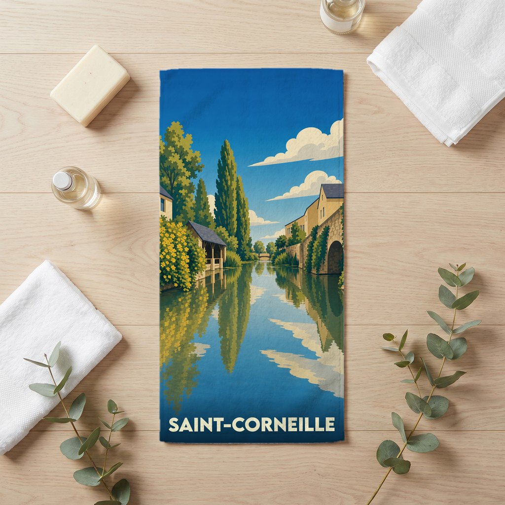 Serviette de bain souvenir de la ville de Saint-Corneille avec une illustration de paysage stylisée.