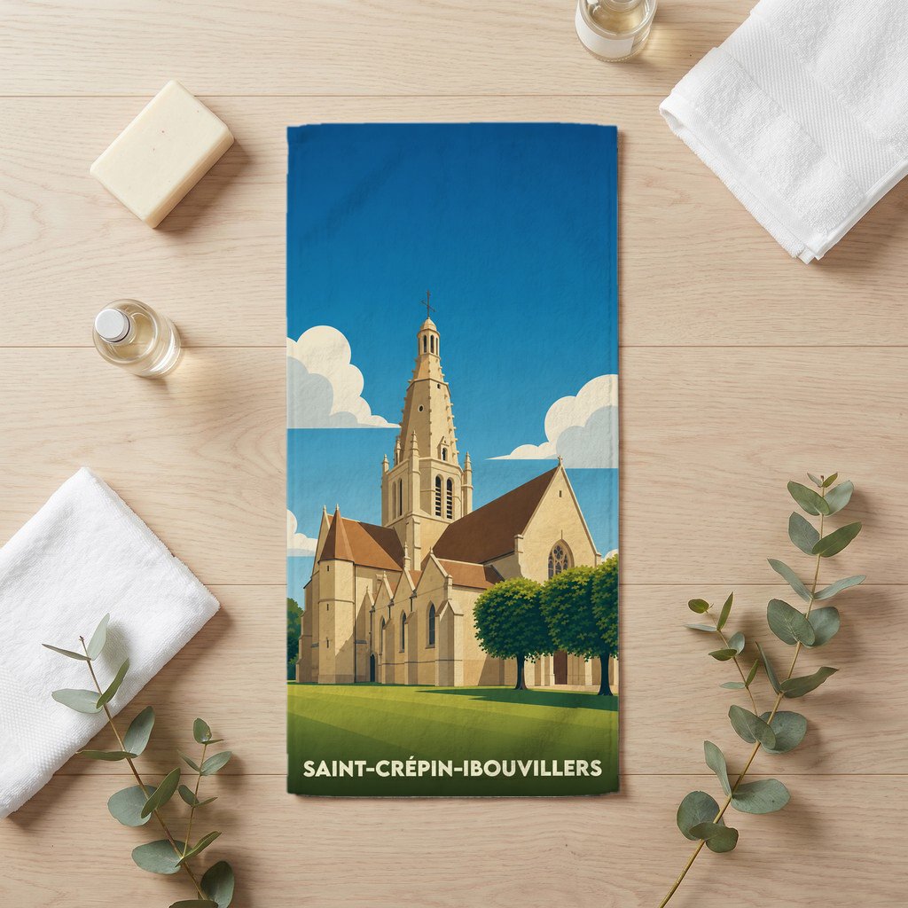 Serviette de bain souvenir de la ville de Saint-Crépin-Ibouvillers avec une illustration stylisée de son église.