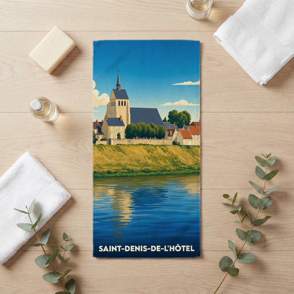 Serviette de bain souvenir de Saint-Denis-de-l'Hôtel avec une illustration stylisée de son église en bord de Loire.