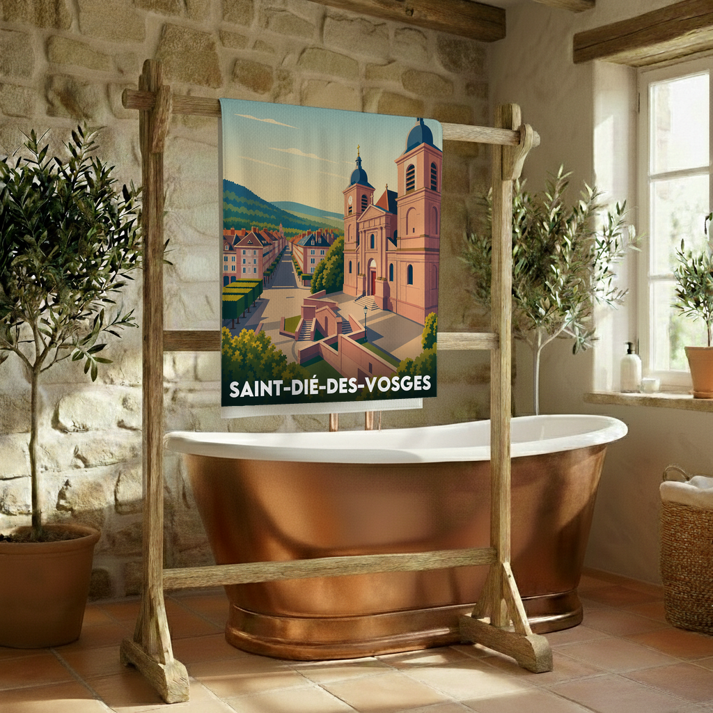 Serviette de bain souvenir de la ville de Saint-Dié-des-Vosges avec une illustration stylisée.