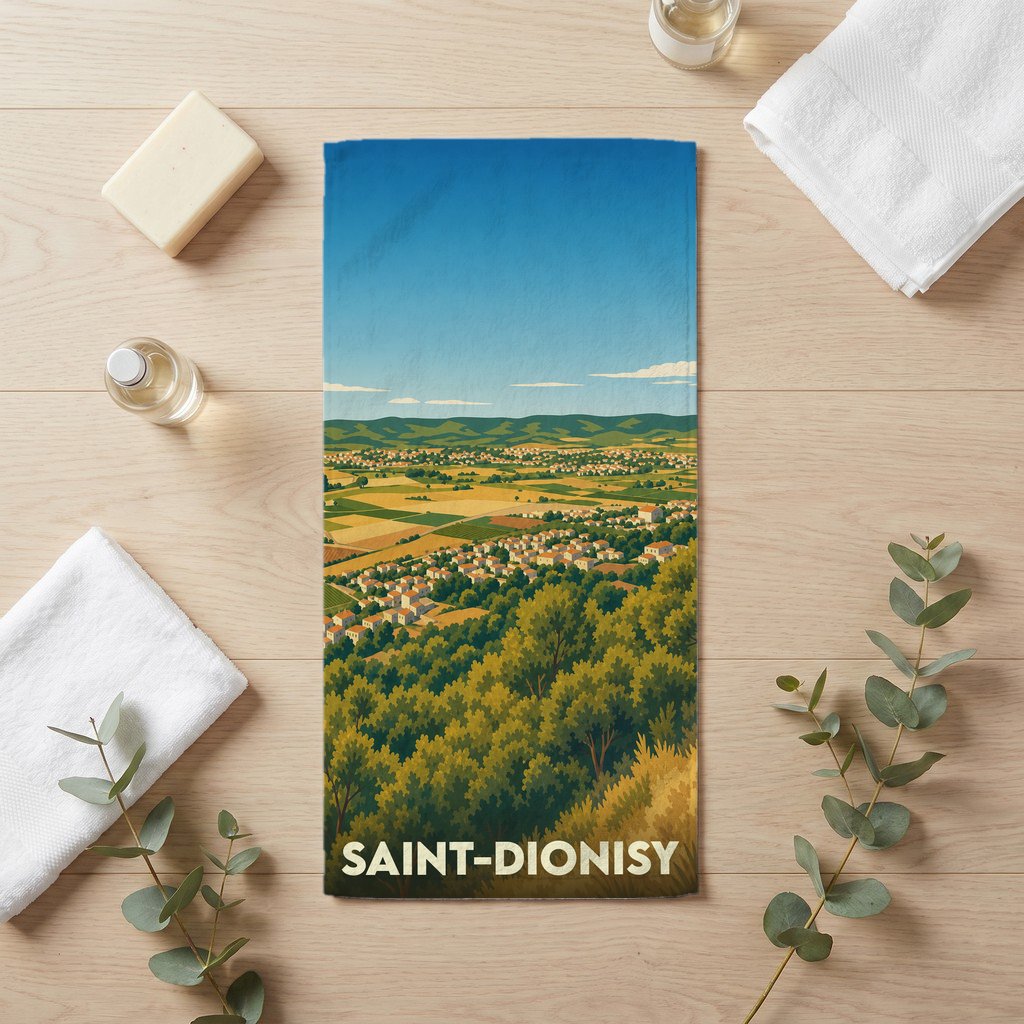 Serviette de bain souvenir de la ville de Saint-Dionisy avec une illustration stylisée d'un paysage de campagne.