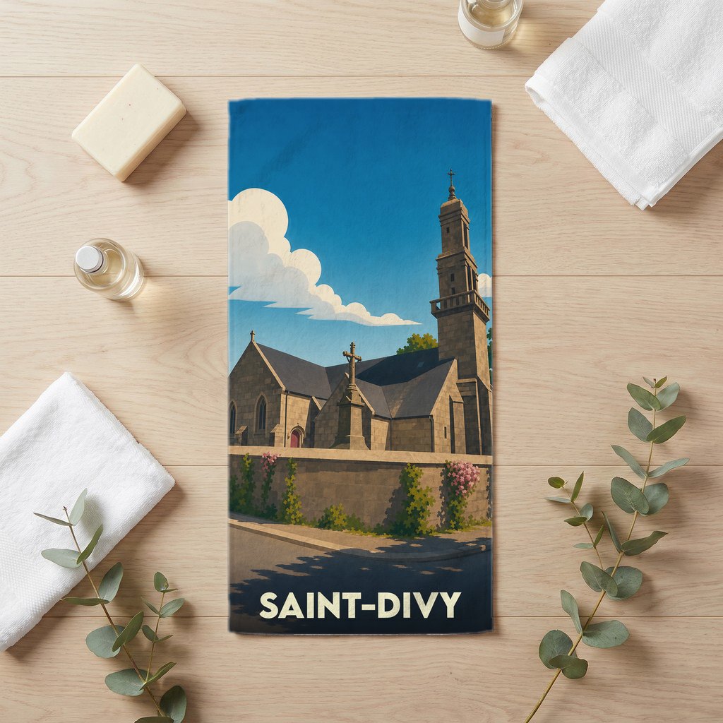 Serviette de bain souvenir de la ville de Saint-Divy avec une illustration stylisée de son église.