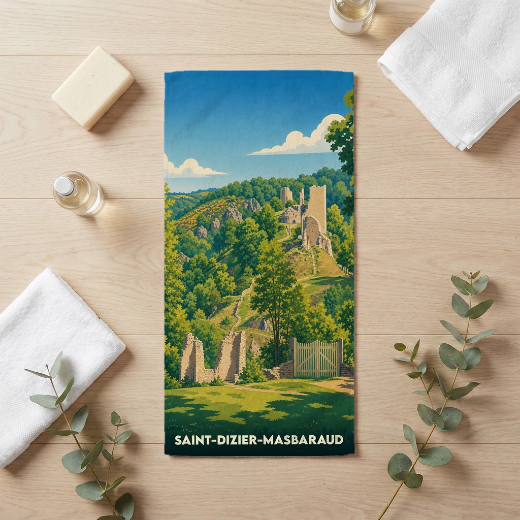Serviette de bain souvenir de Saint-Dizier-Masbaraud avec une illustration stylisée de ruines médiévales.