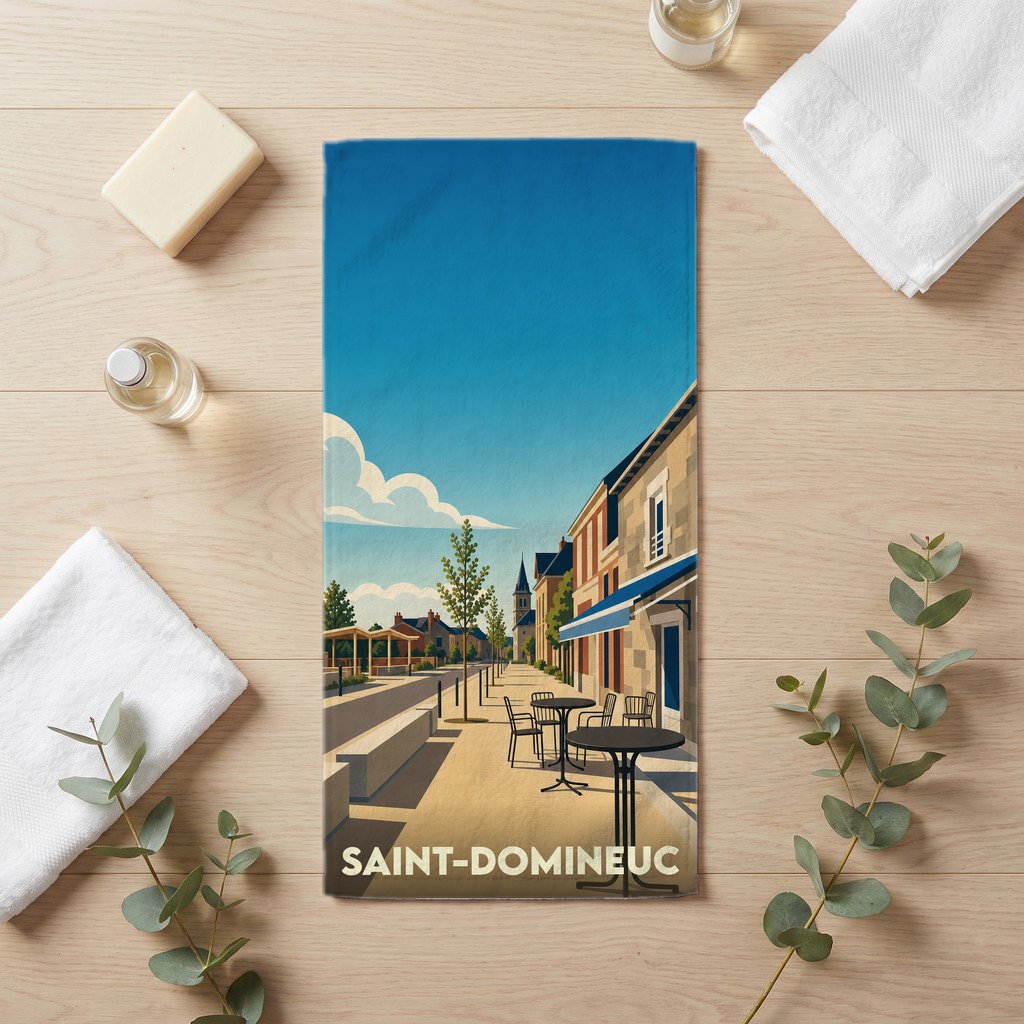 Serviette de bain souvenir de la ville de Saint-Domineuc avec une illustration stylisée d'une rue ensoleillée.