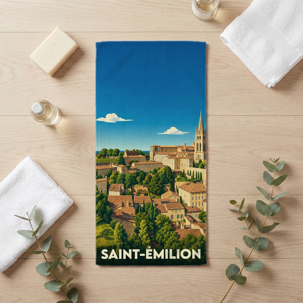 Serviette de bain souvenir de Saint-Émilion arborant une illustration stylisée du village et de son clocher.