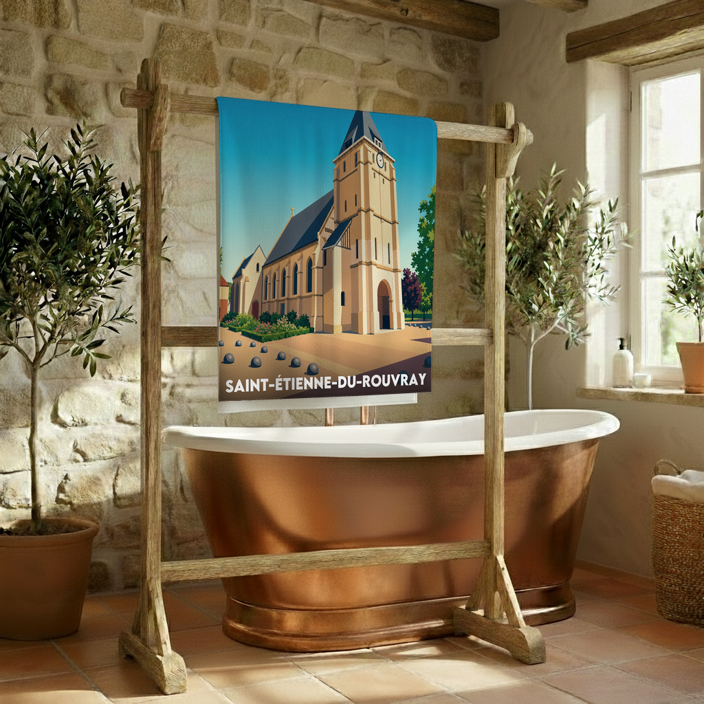 Serviette de bain souvenir de la ville de Saint-Étienne-du-Rouvray avec une illustration stylisée de son église.