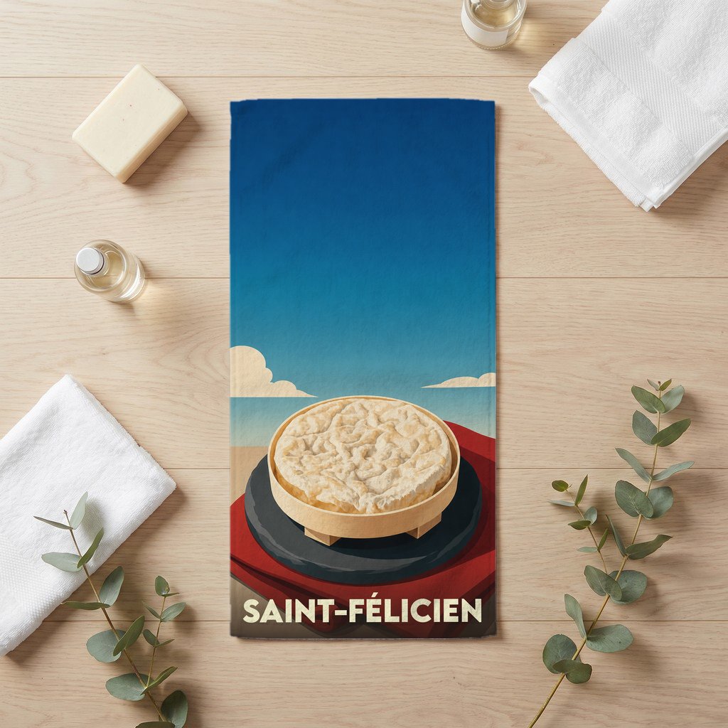 Serviette de bain souvenir de la ville de Saint-Félicien avec une illustration stylisée d'un fromage.