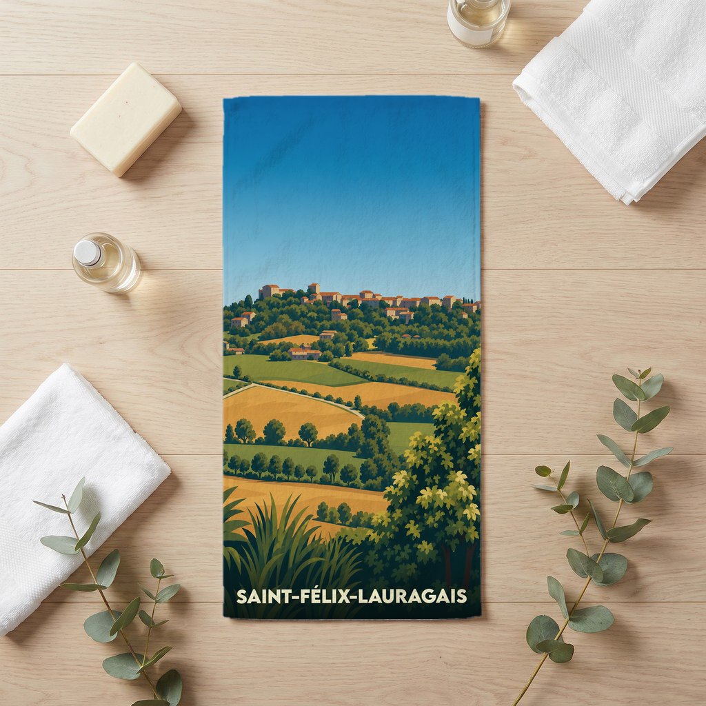Serviette de bain souvenir de Saint-Félix-Lauragais avec une illustration de paysages vallonnés.