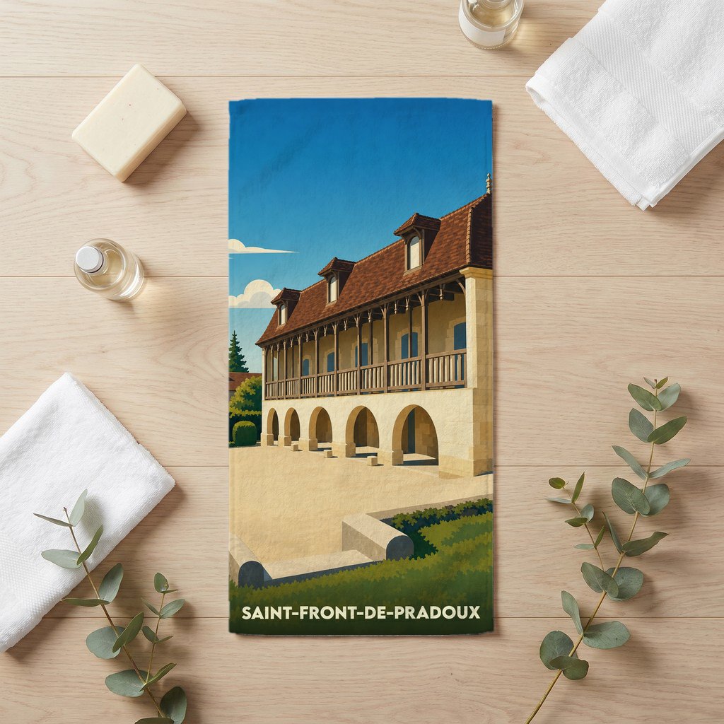 Serviette de bain souvenir de la ville de Saint-Front-de-Pradoux avec une illustration stylisée.