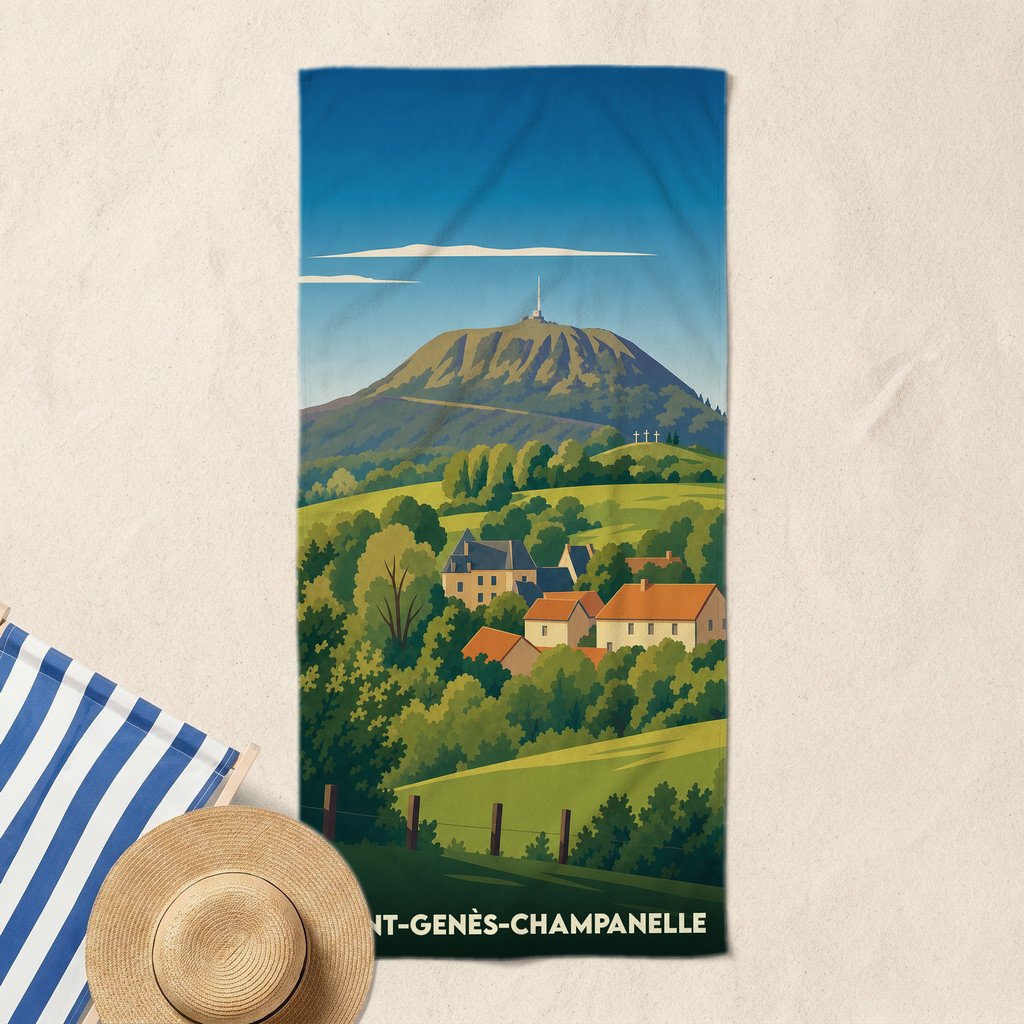 Serviette de bain souvenir de Saint-Genès-Champanelle illustrant le puy de Dôme dominant un village au milieu des collines.