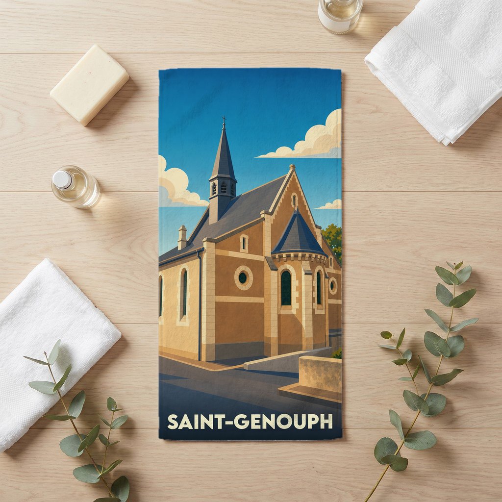 Serviette de bain souvenir de la ville de Saint-Genouph avec une illustration stylisée de son église.
