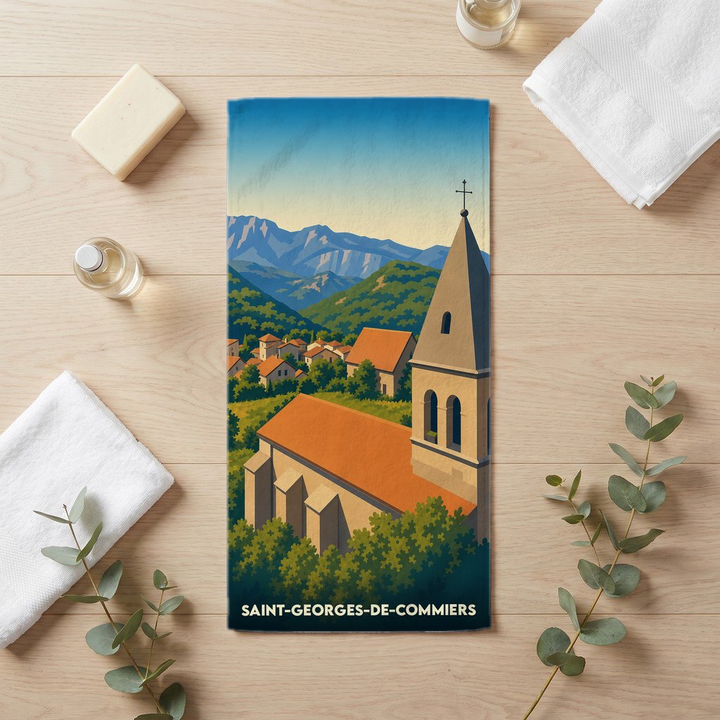 Serviette de bain souvenir de Saint-Georges-de-Commiers avec une illustration stylisée de son église et des montagnes environnantes.