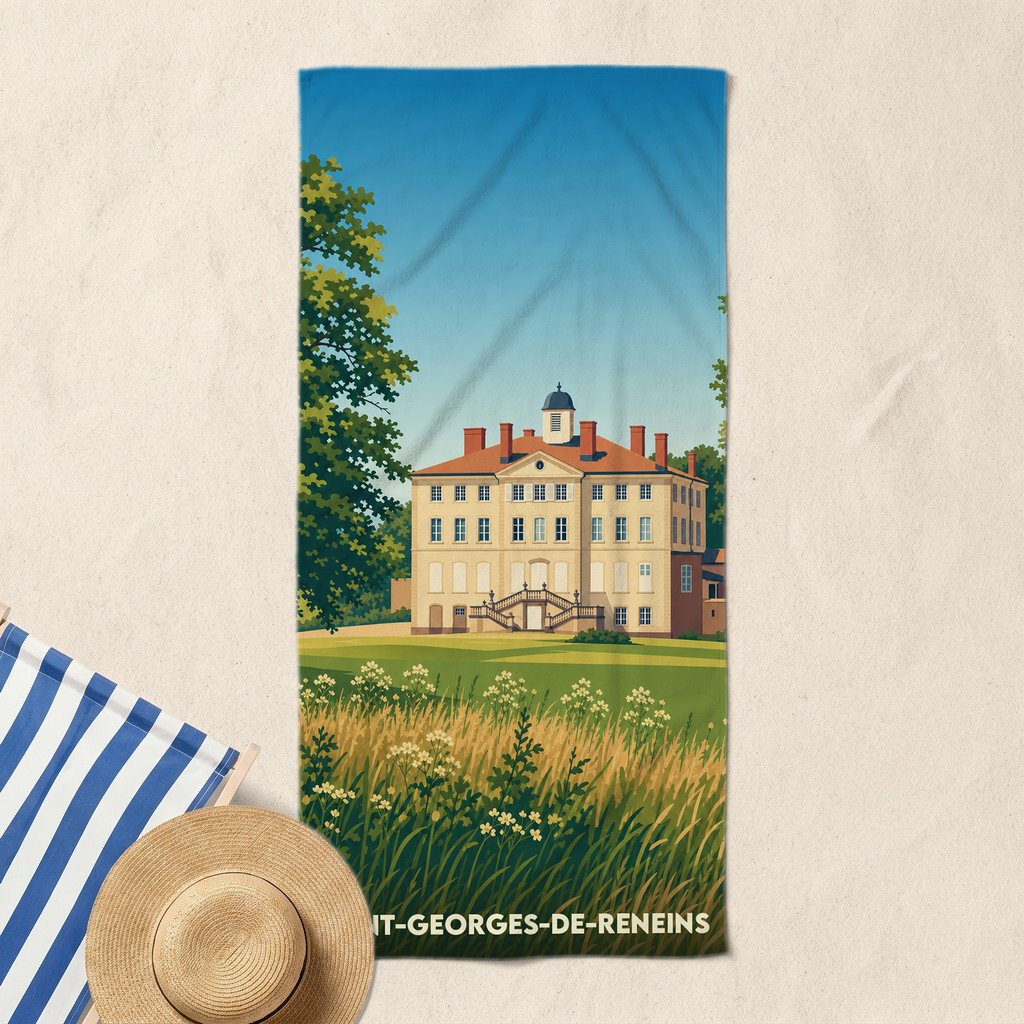 Serviette de bain souvenir de Saint-Georges-de-Reneins illustrant un château entouré de nature.