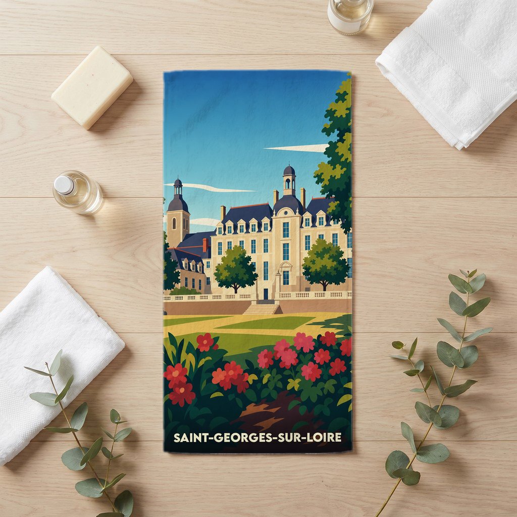 Serviette de bain souvenir de la ville de Saint-Georges-sur-Loire avec une illustration stylisée de son château.
