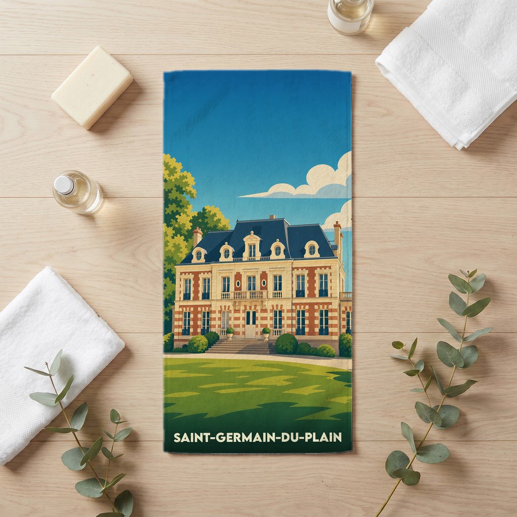 Serviette de bain souvenir de la ville de Saint-Germain-du-Plain avec une illustration stylisée d'un château.