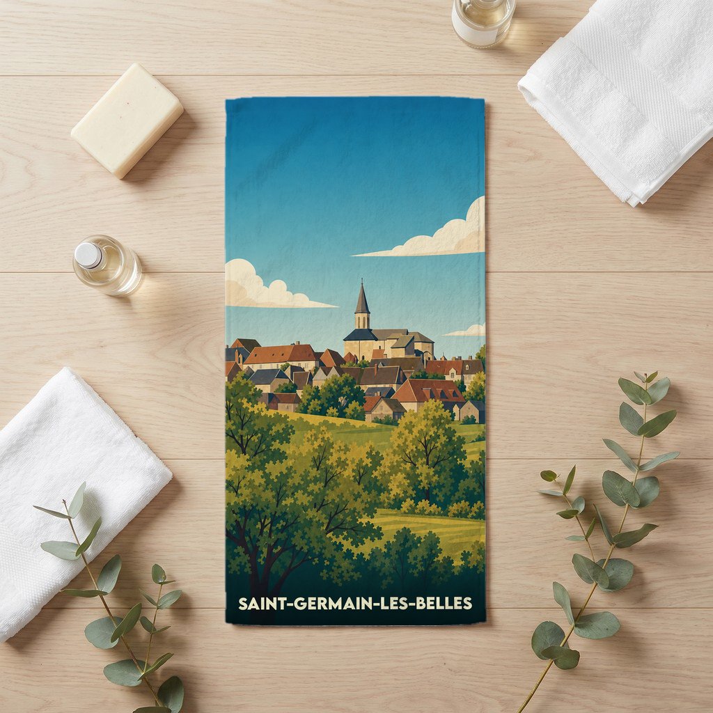 Serviette de bain souvenir de Saint-Germain-les-Belles avec une illustration stylisée du village.