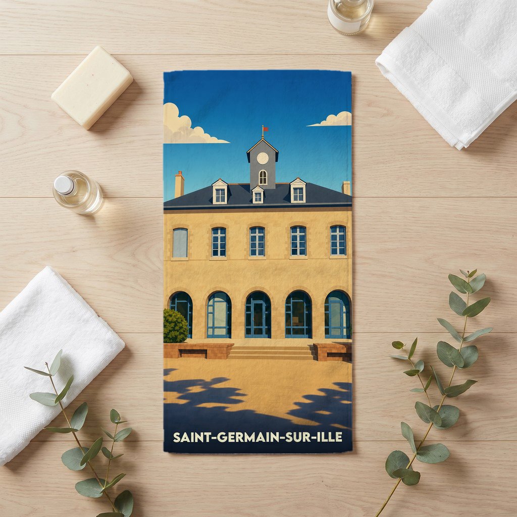 Serviette de bain souvenir de la ville de Saint-Germain-sur-Ille avec une illustration stylisée.