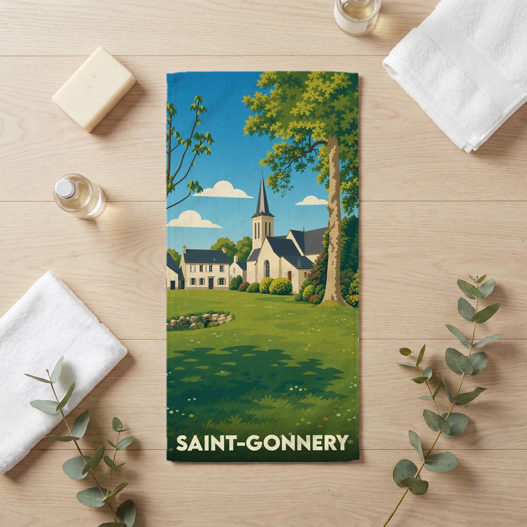 Serviette de bain souvenir de la ville de Saint-Gonnery avec une illustration bucolique stylisée.