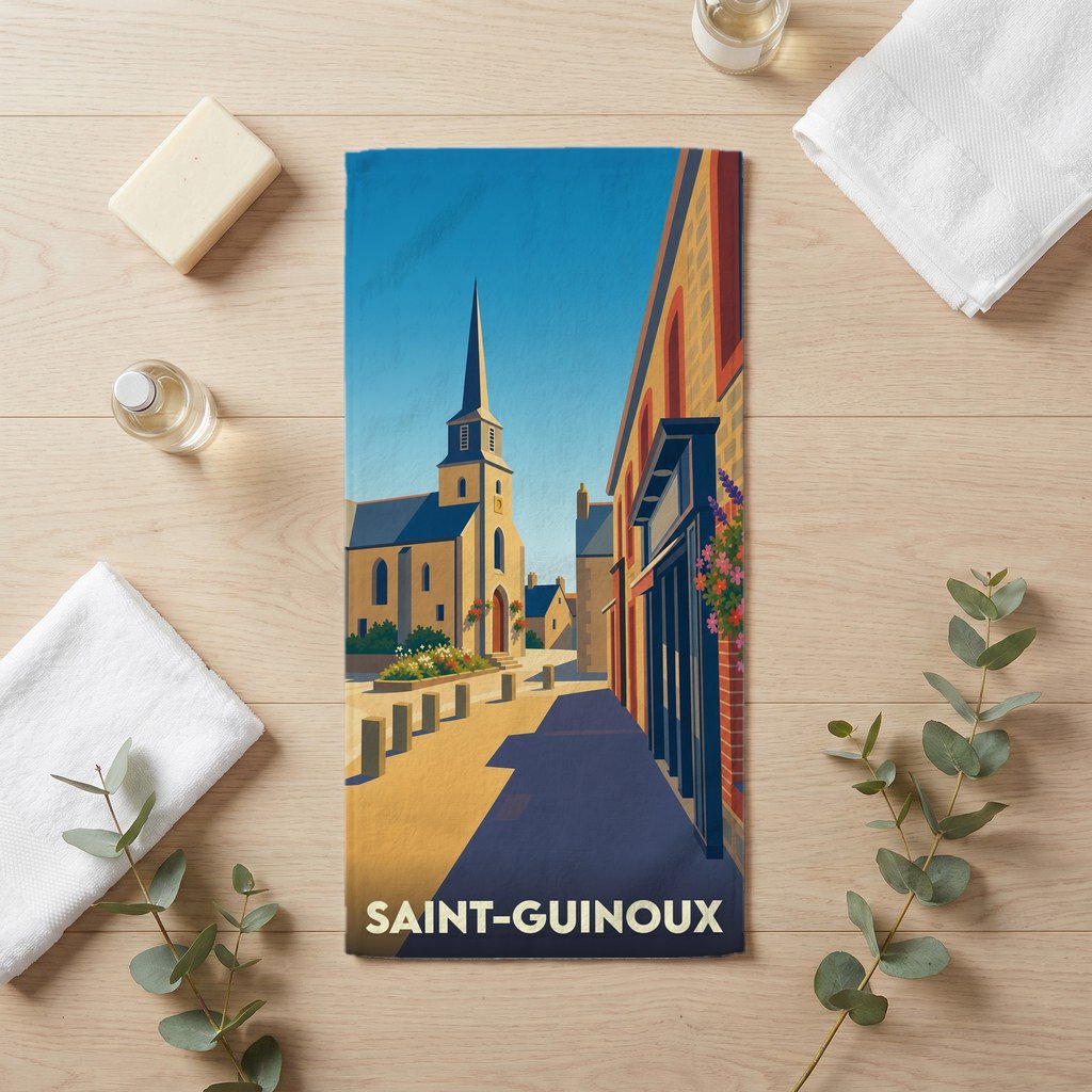 Serviette de bain souvenir de la ville de Saint-Guinoux avec une illustration stylisée.