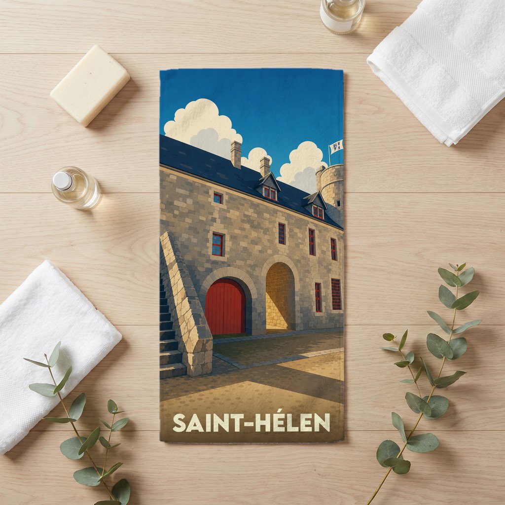 Serviette de bain souvenir de la ville de Saint-Hélen illustrée d'un fort historique stylisé.