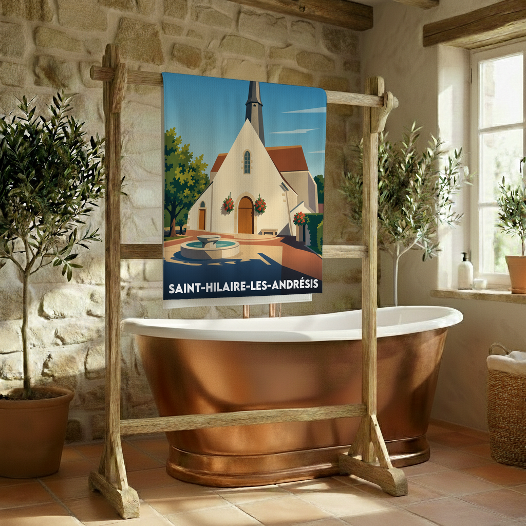 Serviette de bain souvenir de la ville de Saint-Hilaire-les-Andrésis avec une illustration stylisée.