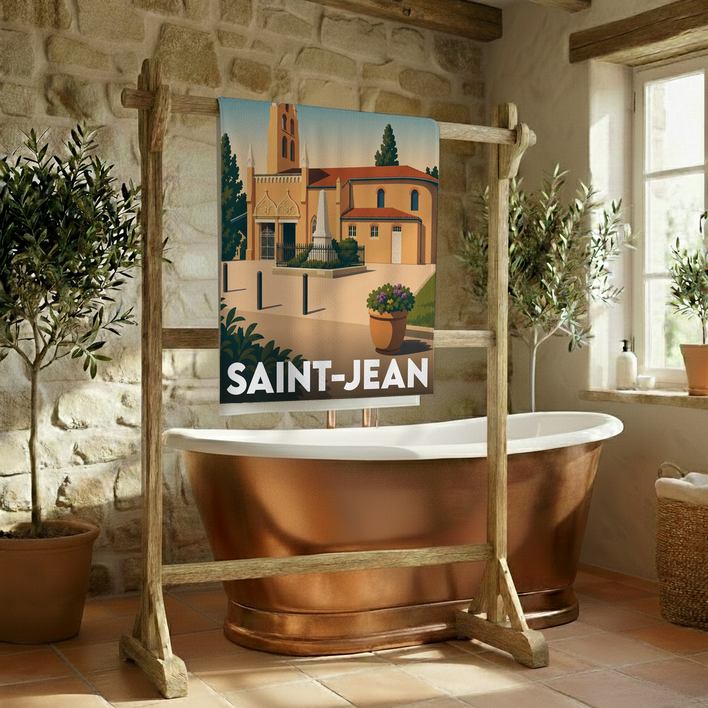Serviette de bain souvenir de la ville de Saint-Jean avec une illustration stylisée.