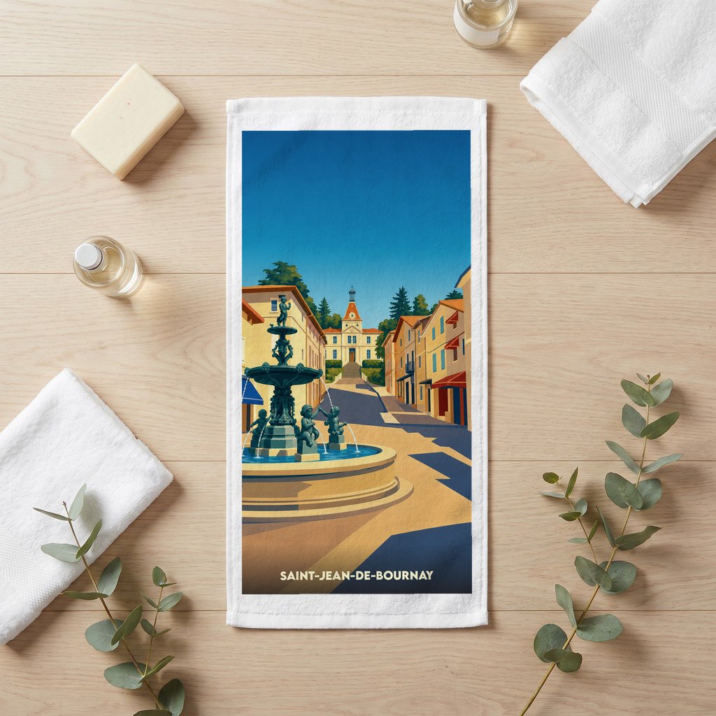 Serviette de bain souvenir de la ville de Saint-Jean-de-Bournay avec une illustration stylisée.