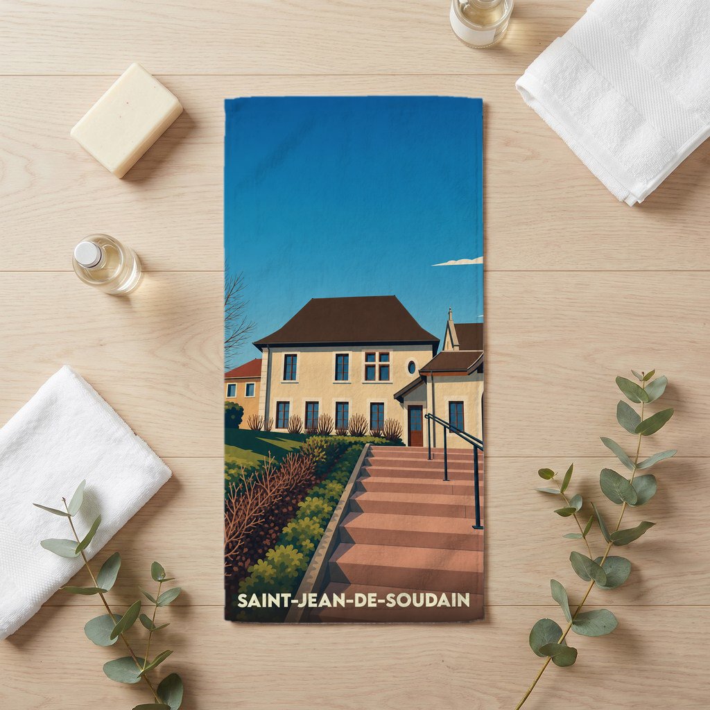 Serviette de bain souvenir de Saint-Jean-de-Soudain avec une illustration stylisée de la ville.