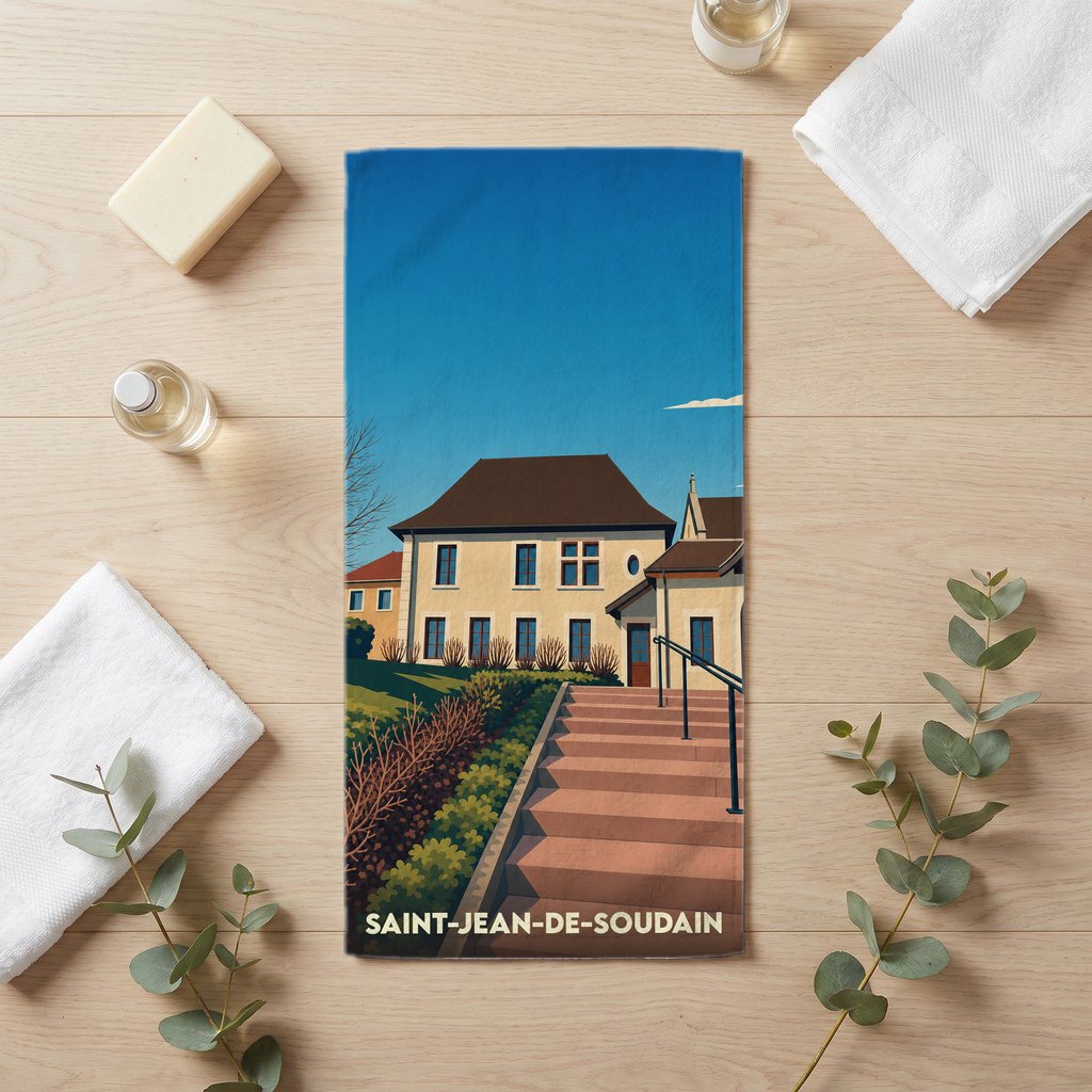 Serviette de bain souvenir de la ville de Saint-Jean-de-Soudain avec une illustration stylisée d'un bâtiment et d'un escalier.