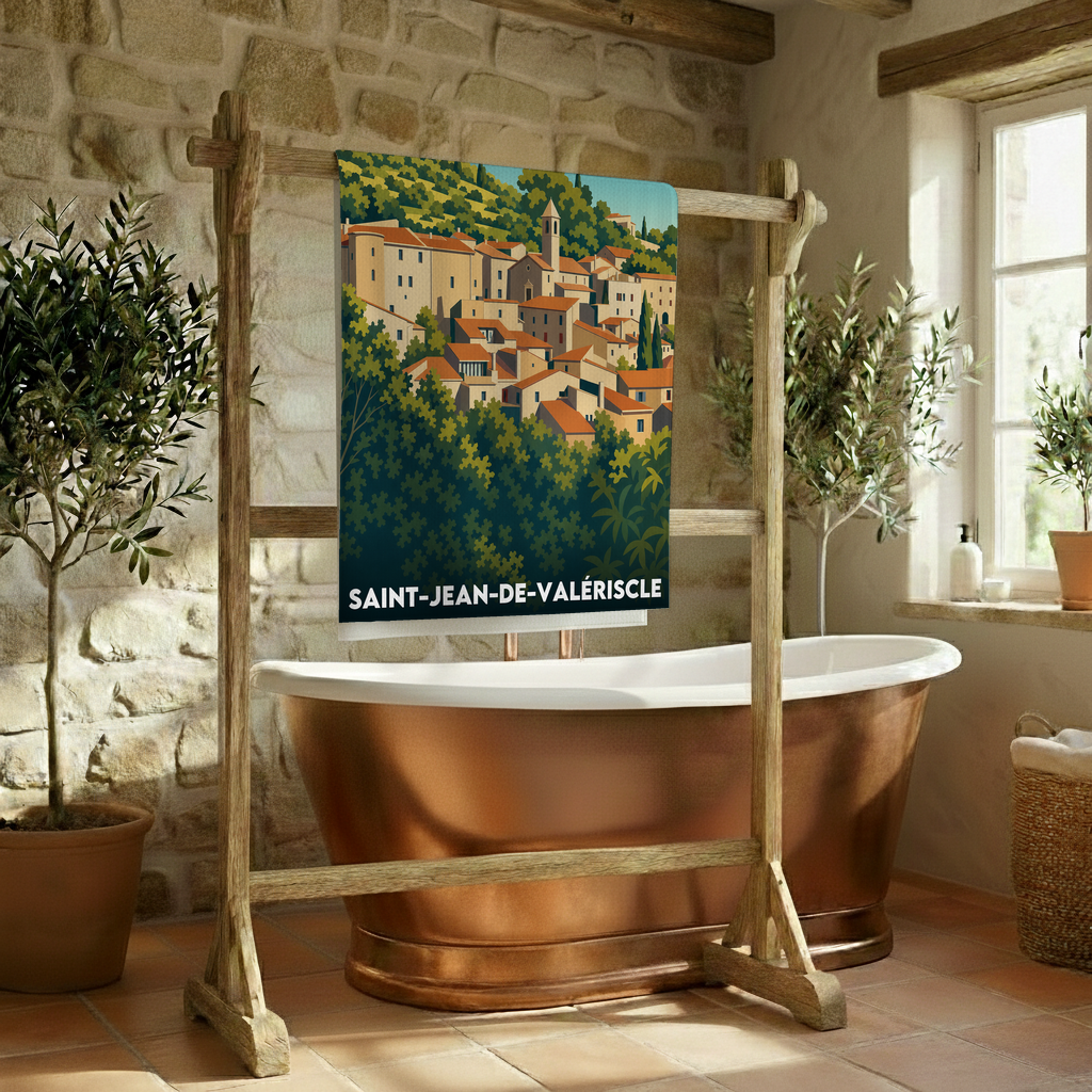 Serviette de bain souvenir de la ville de Saint-Jean-de-Valériscle avec une illustration stylisée.