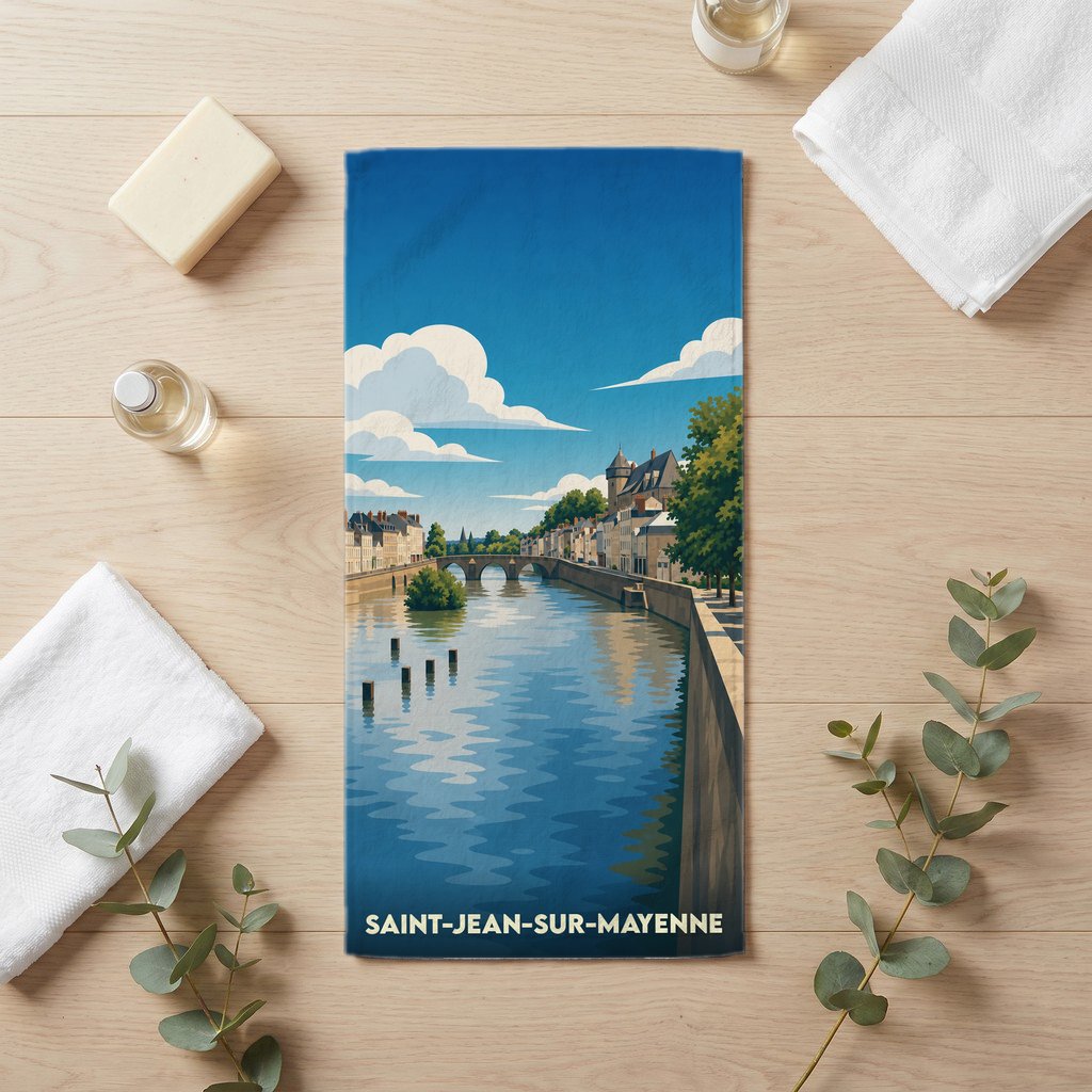 Serviette de bain souvenir de Saint-Jean-sur-Mayenne illustrée d'un paysage urbain stylisé au bord de l'eau.