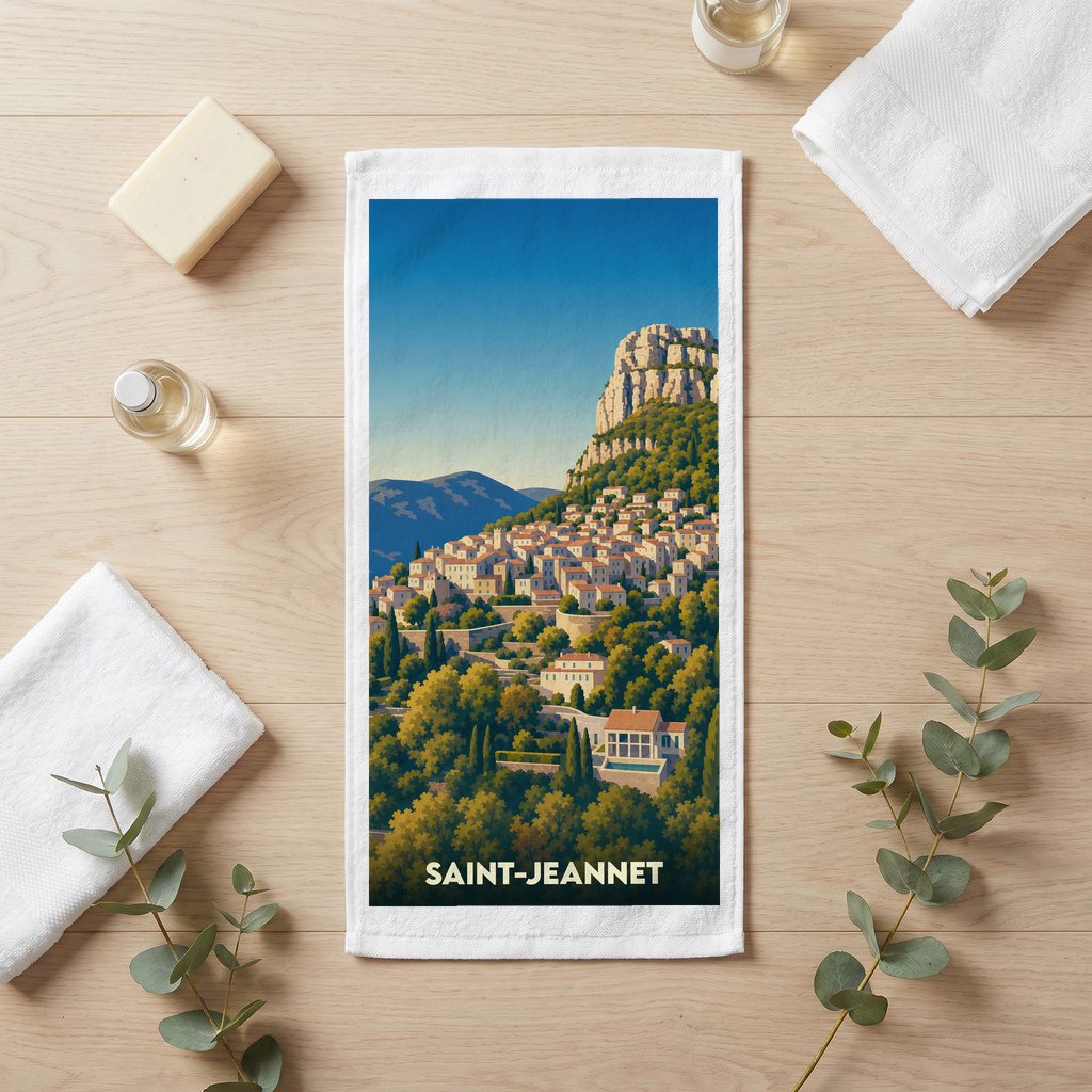 Serviette souvenir de la ville de Saint-Jeannet avec une illustration stylisée de son village perché.