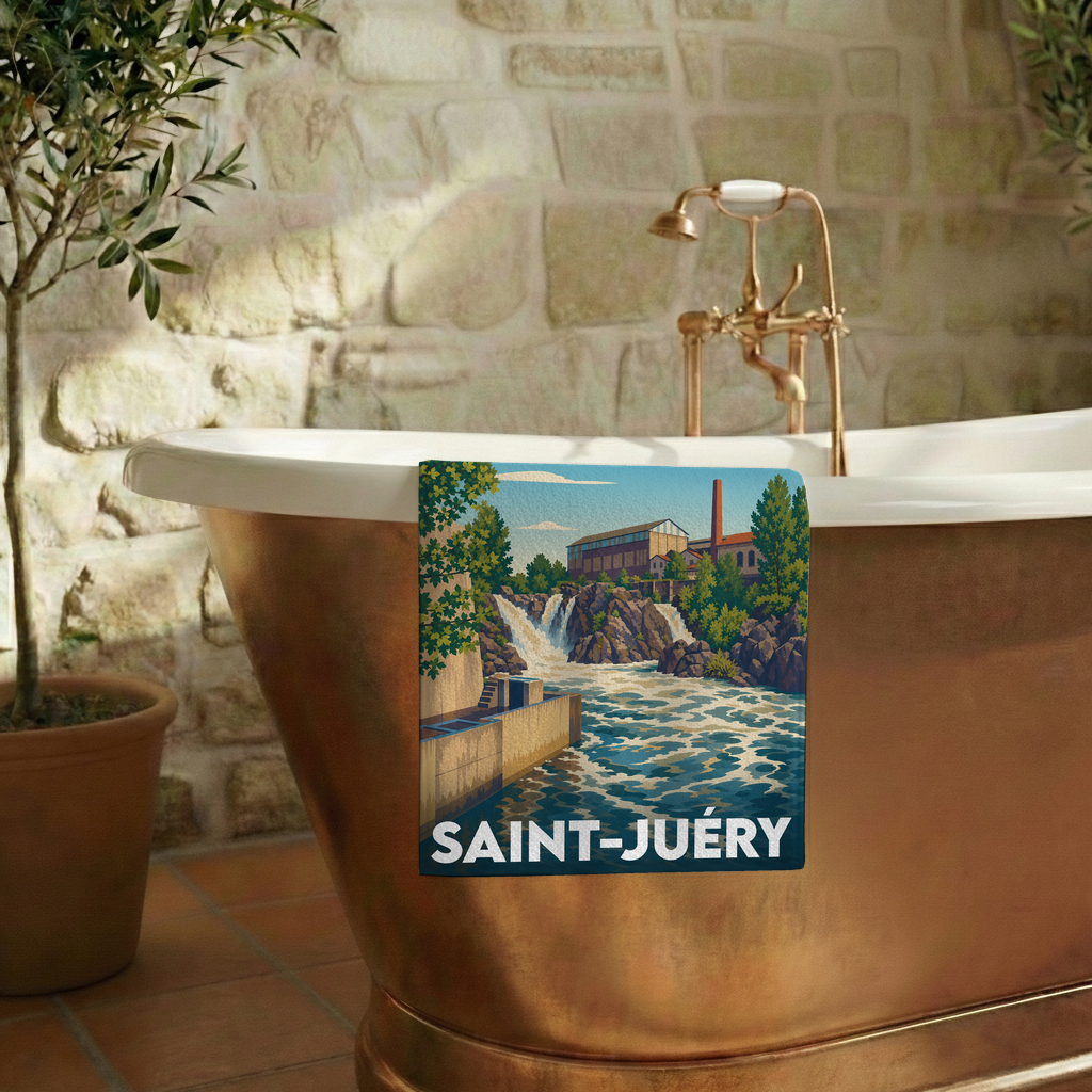 Serviette de bain souvenir de la ville de Saint-Juéry avec une illustration stylisée.