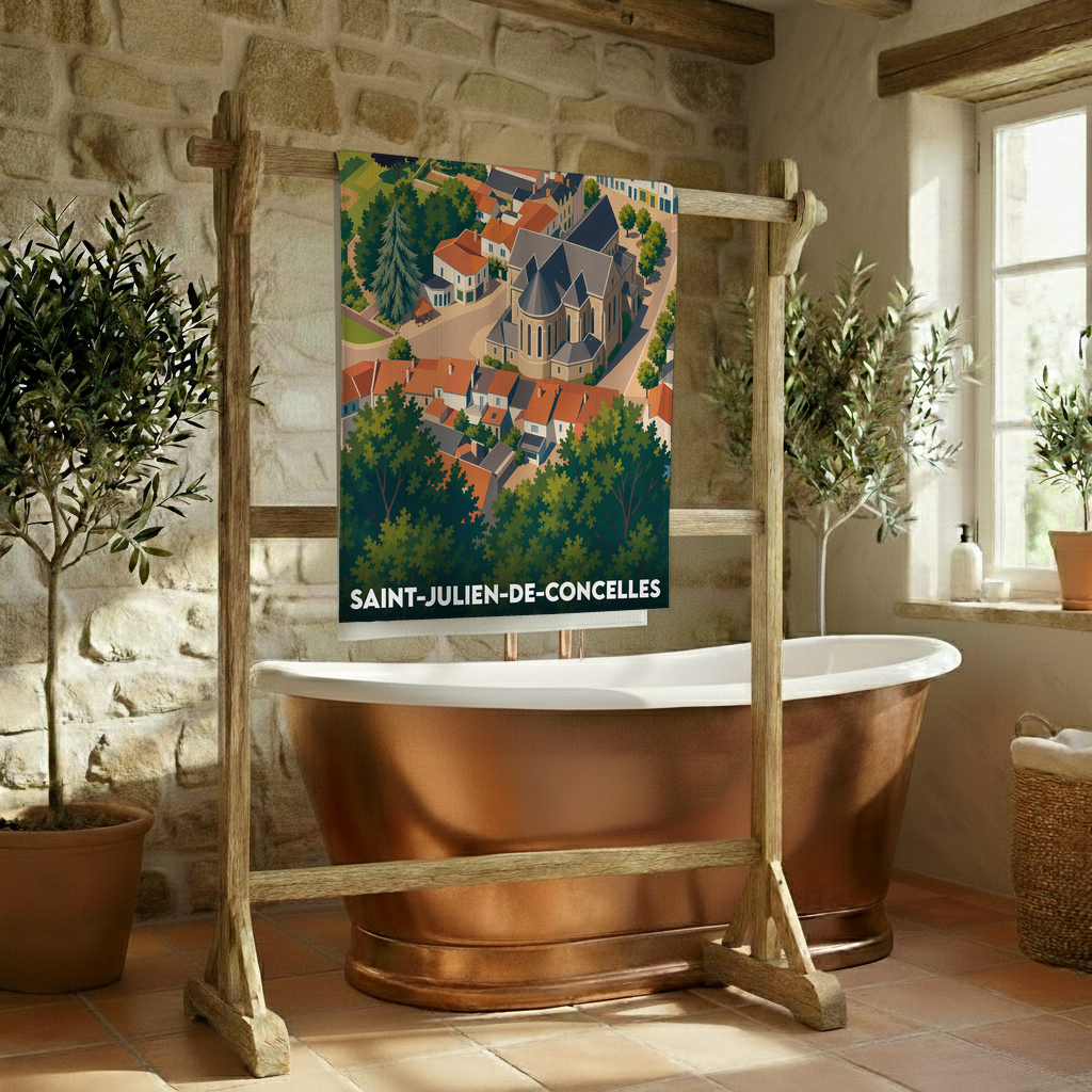 Serviette de bain souvenir de Saint-Julien-de-Concelles illustrée d'une vue aérienne stylisée de la ville.