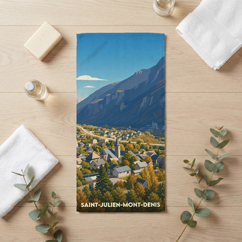 Serviette de bain souvenir de Saint-Julien-Mont-Denis avec une illustration stylisée de la ville et des montagnes.