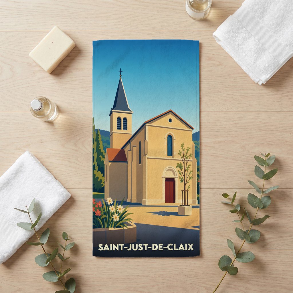 Serviette de bain souvenir de la ville de Saint-Just-de-Claix avec une illustration stylisée de son église.
