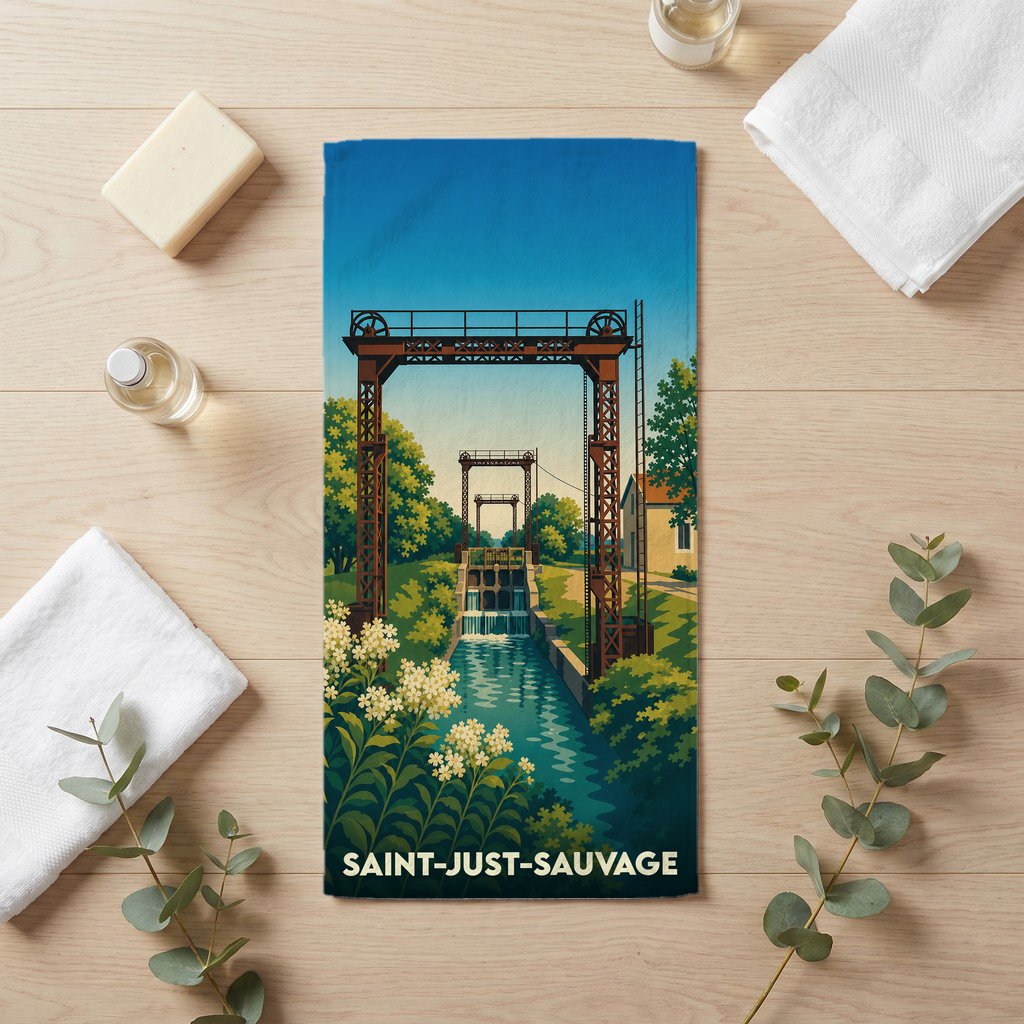 Serviette de bain souvenir de la ville de Saint-Just-Sauvage avec une illustration stylisée d'un ancien barrage.