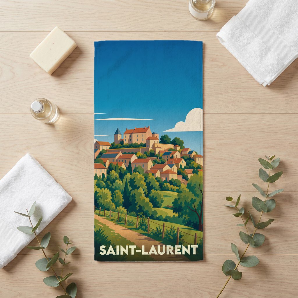 Serviette de bain souvenir de la ville de Saint-Laurent avec une illustration stylisée d'un village perché.