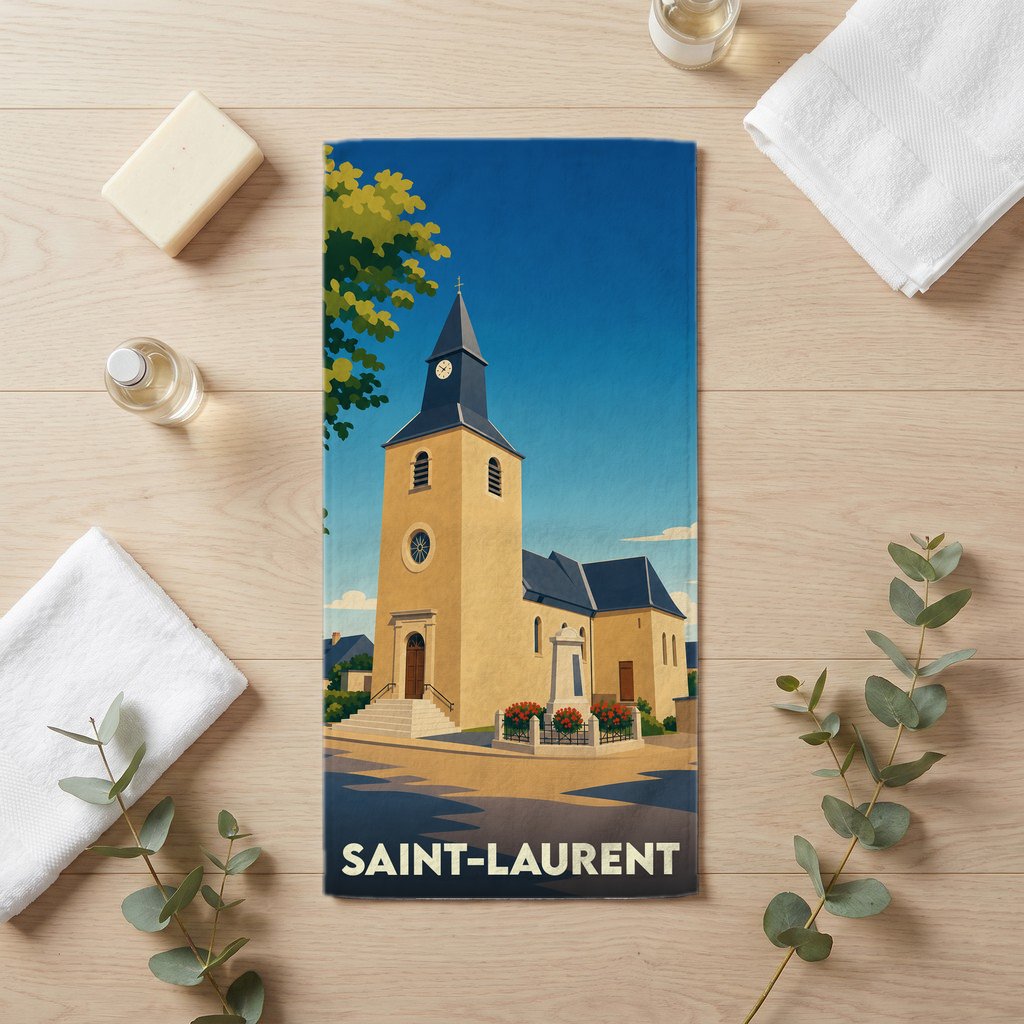 Serviette de bain souvenir de la ville de Saint-Laurent avec une illustration stylisée d'une église sous un ciel bleu.