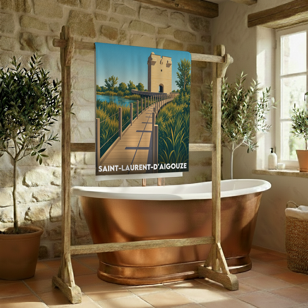 Serviette de bain souvenir de la ville de Saint-Laurent-d'Aigouze avec une illustration stylisée.