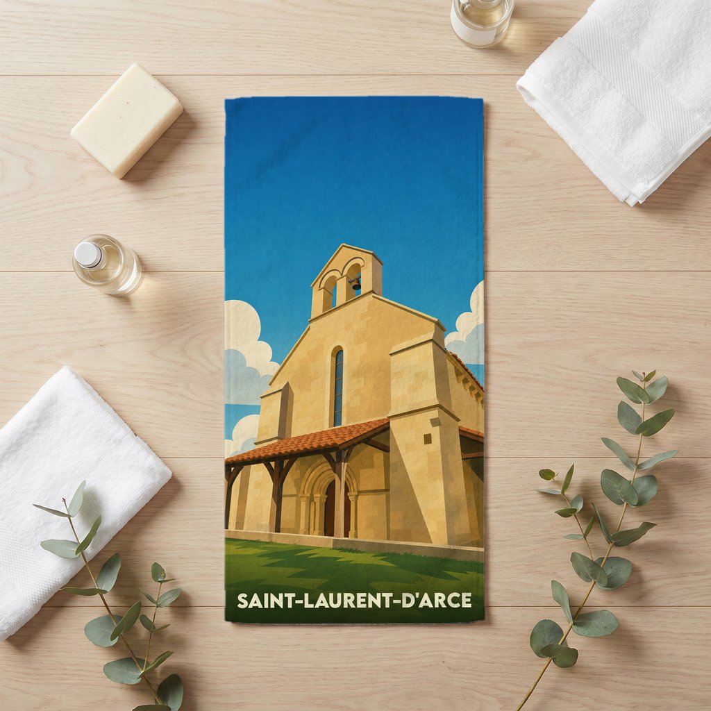 Serviette de bain souvenir de la ville de Saint-Laurent-d'Arce avec une illustration stylisée de son église.