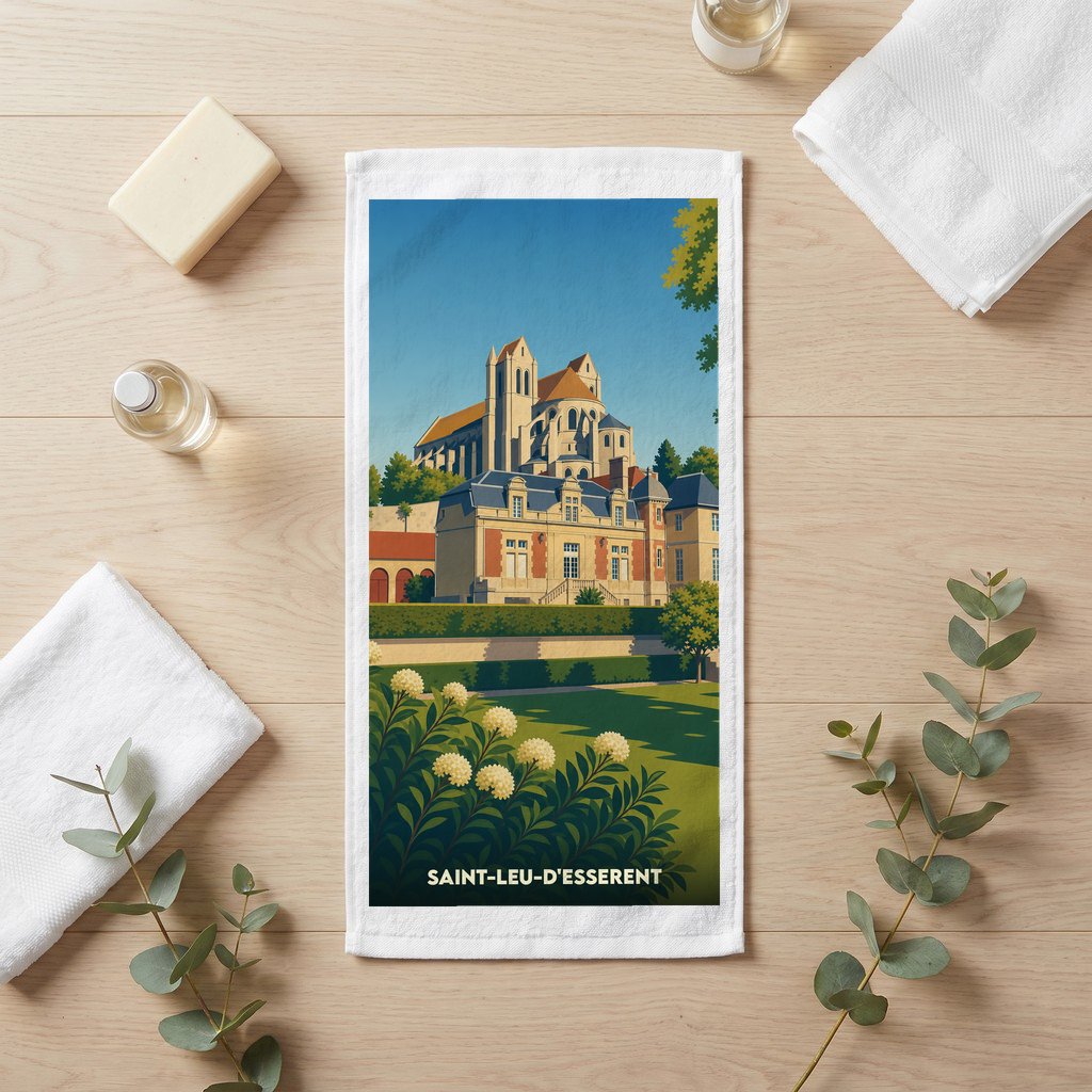 Serviette de bain souvenir de la ville de Saint-Leu-d'Esserent avec une illustration stylisée.