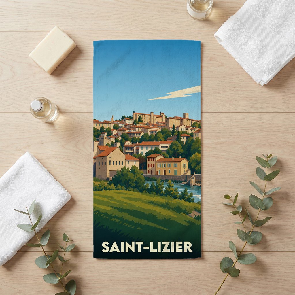 Serviette de bain souvenir de la ville de Saint-Lizier avec une illustration stylisée.