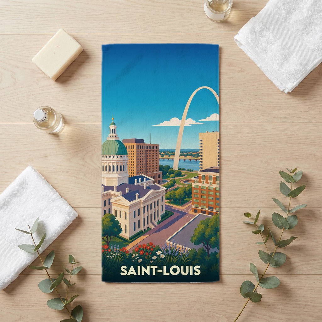 Serviette de bain souvenir de la ville de Saint-Louis avec une illustration stylisée.