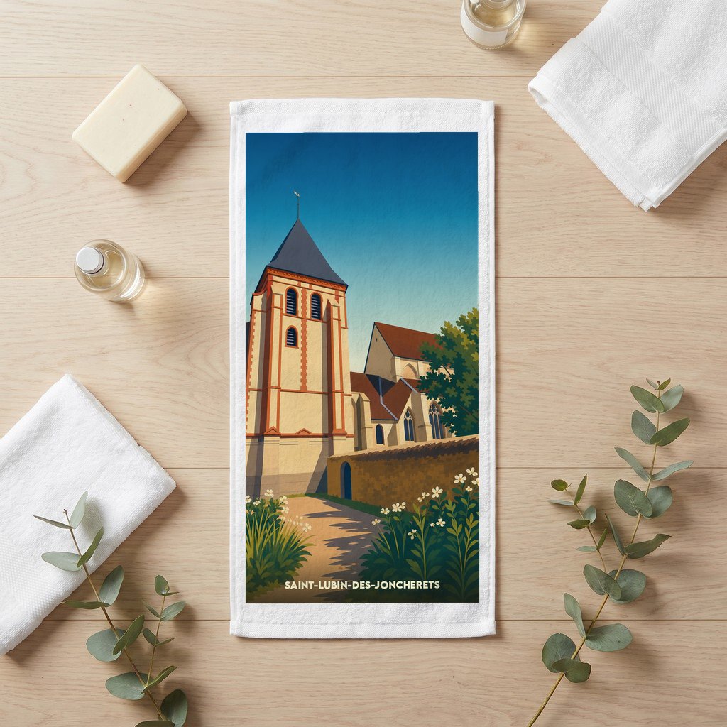Serviette de bain souvenir de la ville de Saint-Lubin-des-Joncherets avec une illustration stylisée de son église.