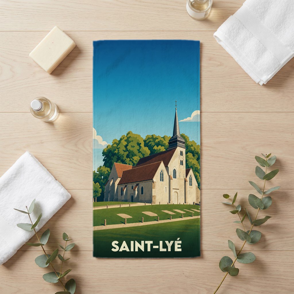 Serviette de bain souvenir de la ville de Saint-Lyé avec une illustration stylisée de son église.